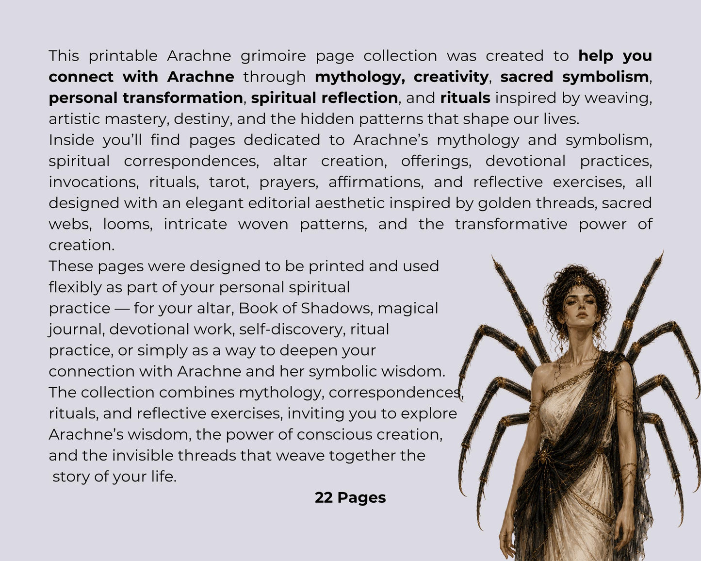 Arachne Grimoire Pages Printable PDF | Greek Mythology Book of Shadows | Witch Journal | Arachne Guide