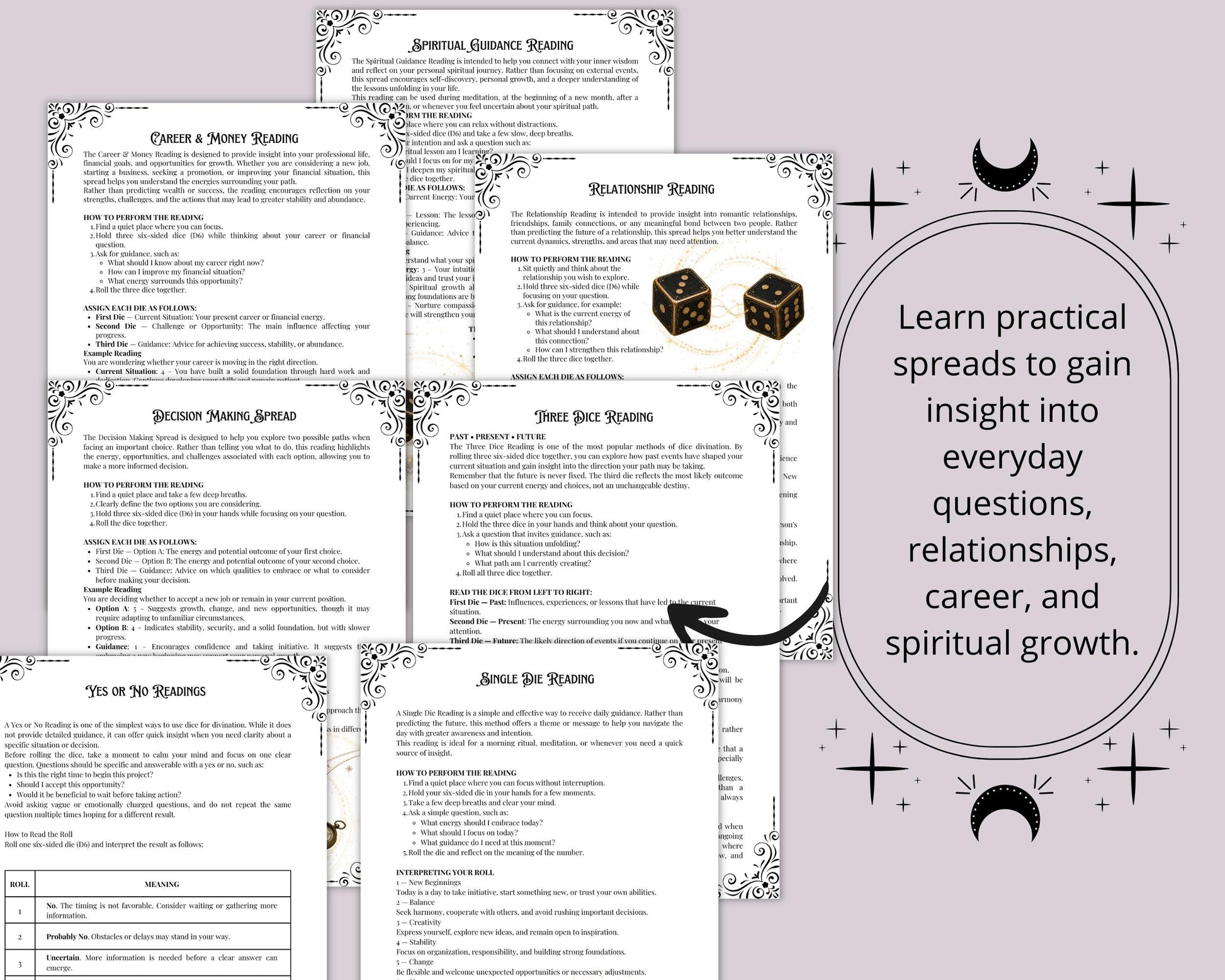 Dice Divination Guide PDF, Cleromancy Printable Grimoire, Dice Reading Spreads & Journal