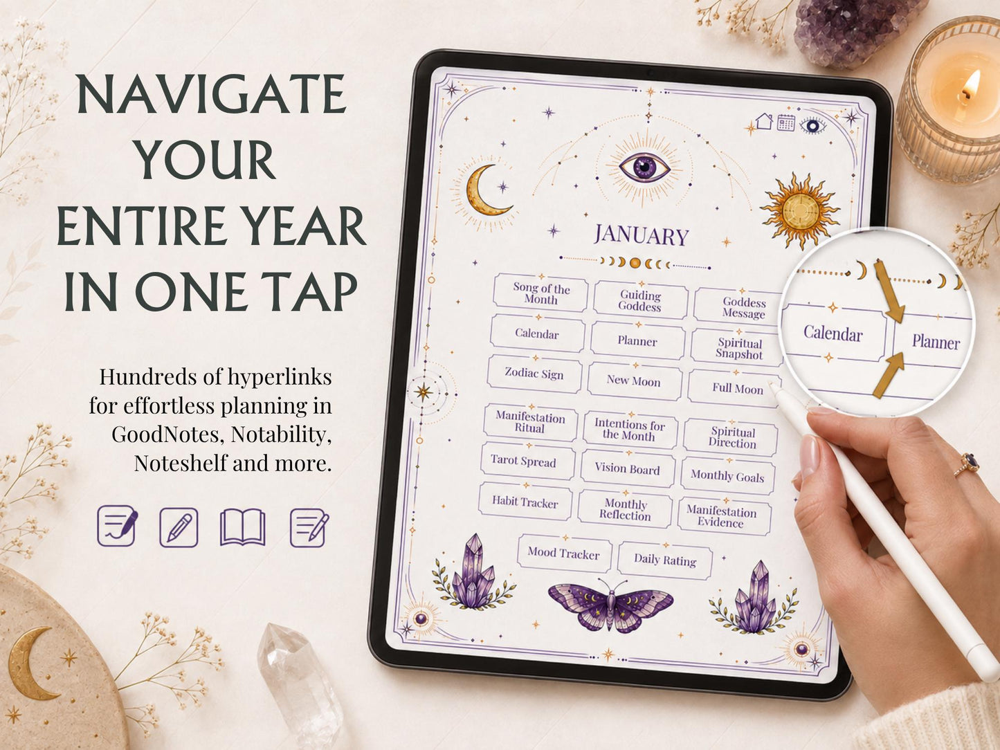 2027 Witch Planner | Manifestation Witch Planner | Hyperlinked Digital Planner, Moon Phases, Goddesses, Tarot, Astrology & Habit Trackers