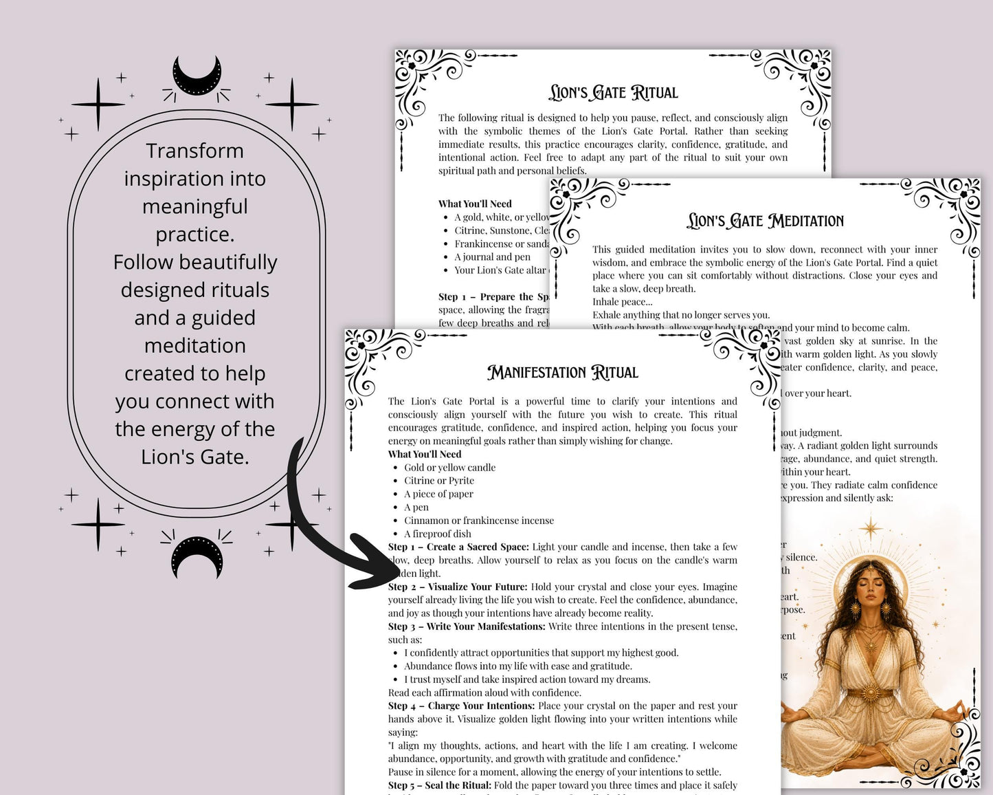 Lion's Gate Portal Guide | Printable Grimoire PDF | Lion's Gate Rituals, Meditation, Tarot Spread, Journal & Manifestation