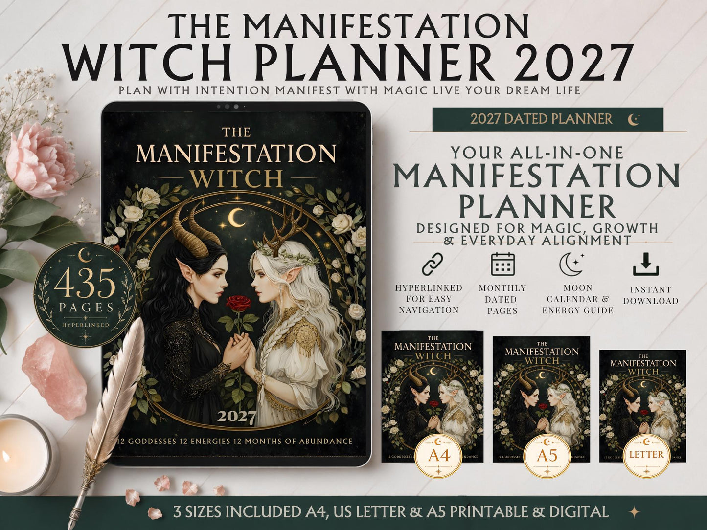 2027 Witch Planner | Manifestation Witch Planner | Hyperlinked Digital Planner, Moon Phases, Goddesses, Tarot, Astrology & Habit Trackers