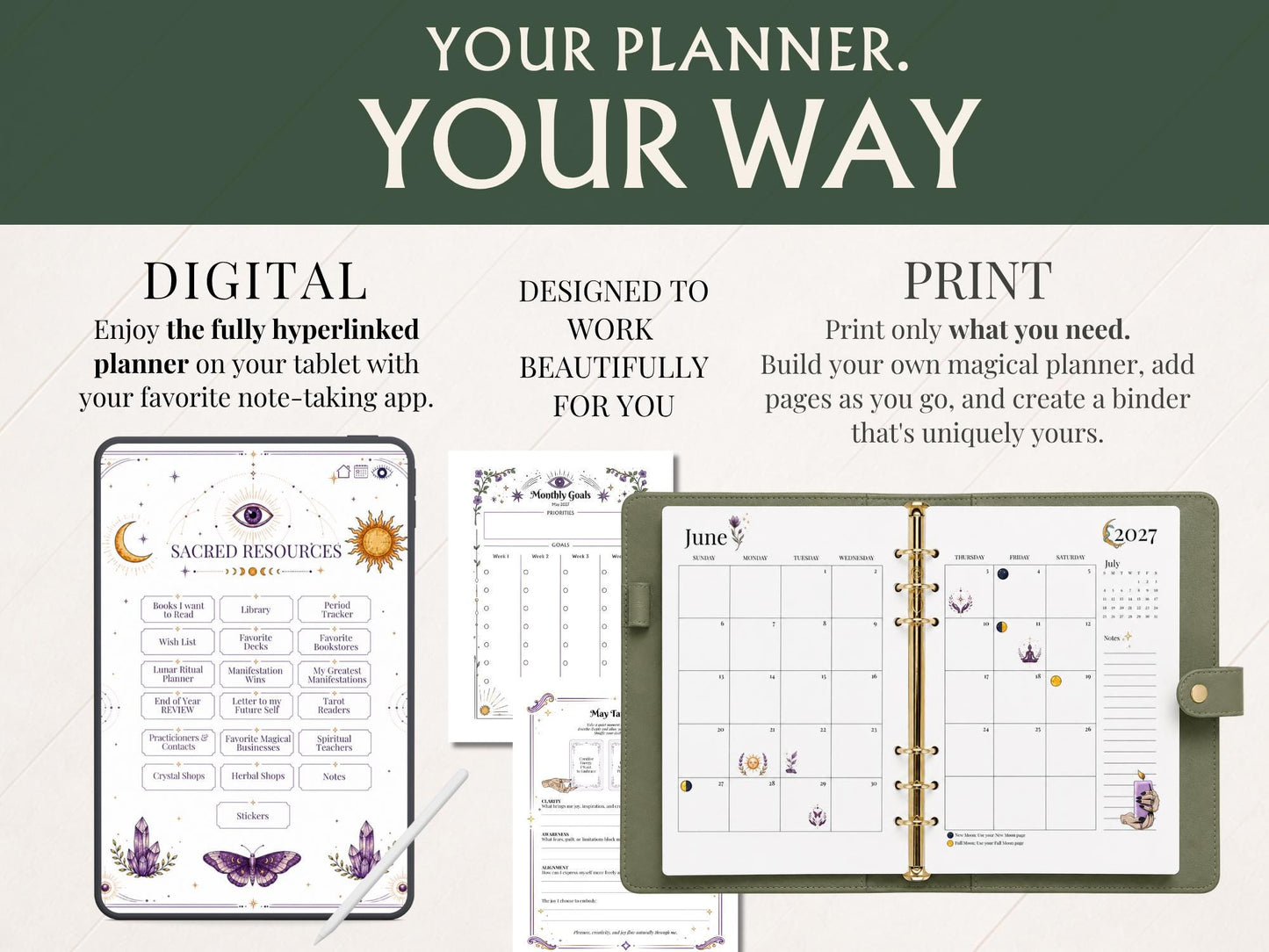 2027 Witch Planner | Manifestation Witch Planner | Hyperlinked Digital Planner, Moon Phases, Goddesses, Tarot, Astrology & Habit Trackers