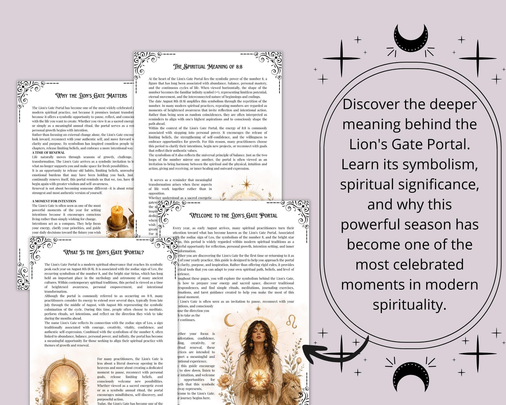 Lion's Gate Portal Guide | Printable Grimoire PDF | Lion's Gate Rituals, Meditation, Tarot Spread, Journal & Manifestation