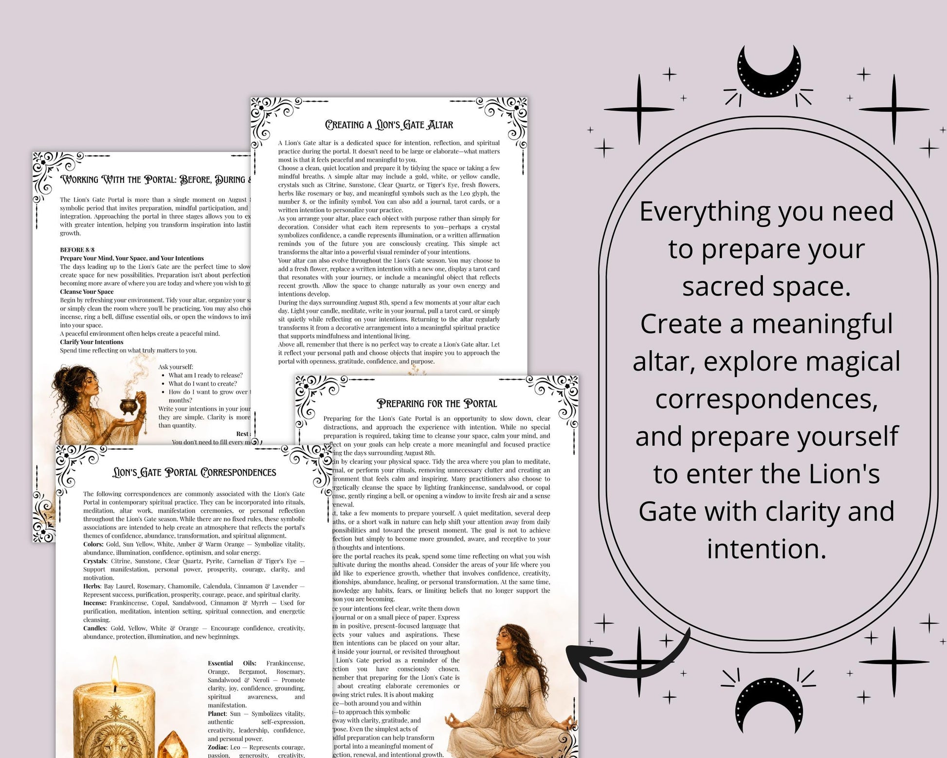 Lion's Gate Portal Guide | Printable Grimoire PDF | Lion's Gate Rituals, Meditation, Tarot Spread, Journal & Manifestation