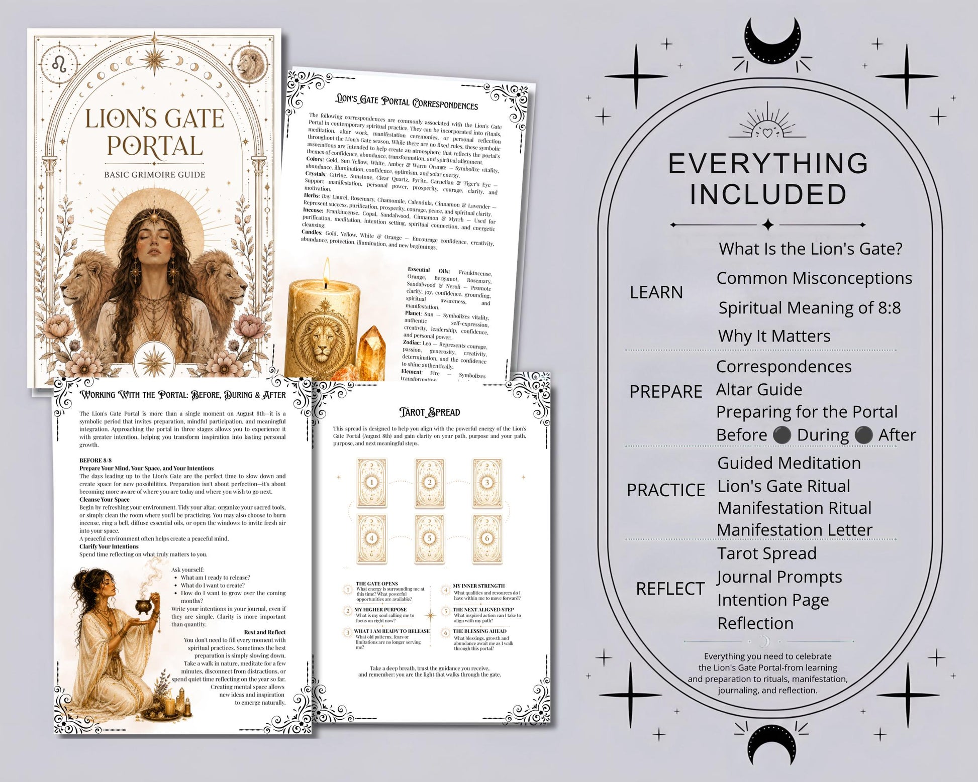 Lion's Gate Portal Guide | Printable Grimoire PDF | Lion's Gate Rituals, Meditation, Tarot Spread, Journal & Manifestation