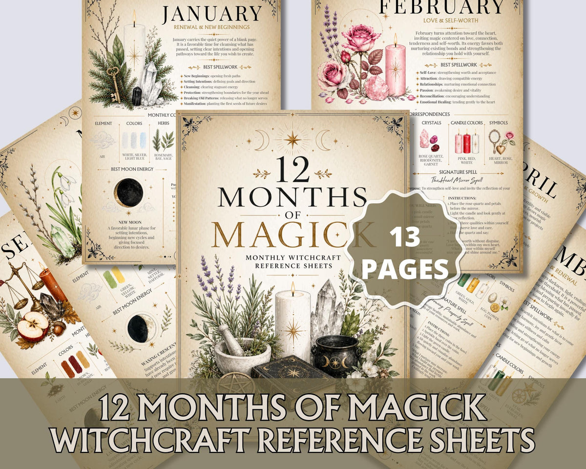 Monthly Witchcraft Reference Sheets, 12 Months of Magick Printable PDF, Book of Shadows Correspondences & Spells