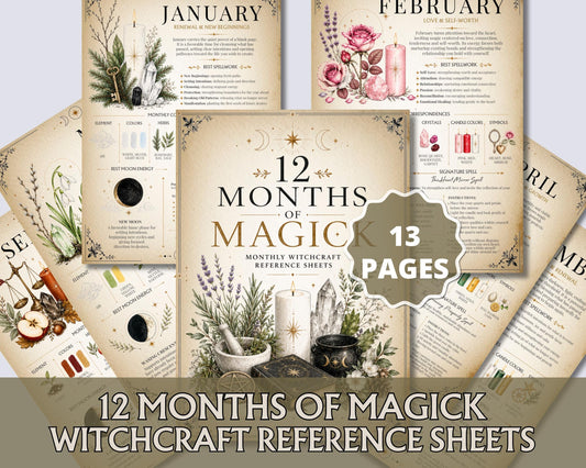 Monthly Witchcraft Reference Sheets, 12 Months of Magick Printable PDF, Book of Shadows Correspondences & Spells