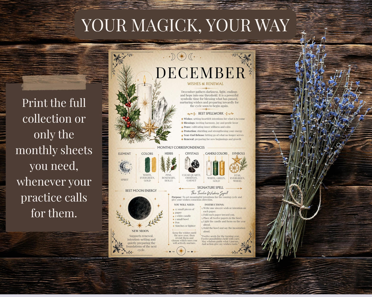 Monthly Witchcraft Reference Sheets, 12 Months of Magick Printable PDF, Book of Shadows Correspondences & Spells