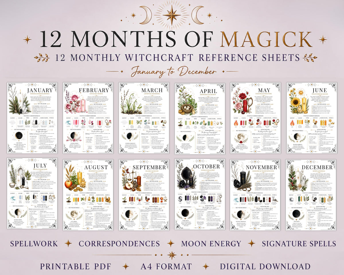 Monthly Witchcraft Reference Sheets, 12 Months of Magick Printable PDF, Book of Shadows Correspondences & Spells