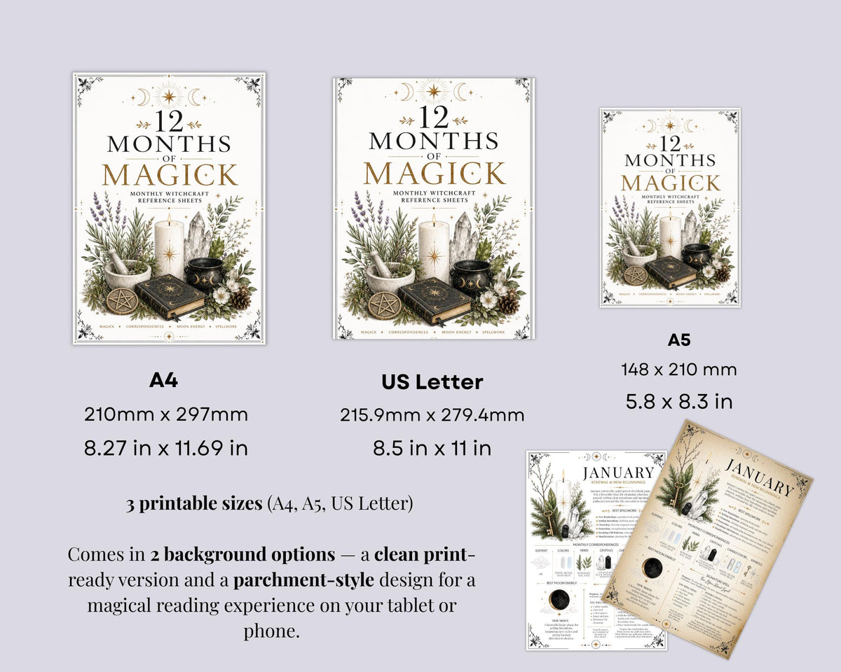 Monthly Witchcraft Reference Sheets, 12 Months of Magick Printable PDF, Book of Shadows Correspondences & Spells