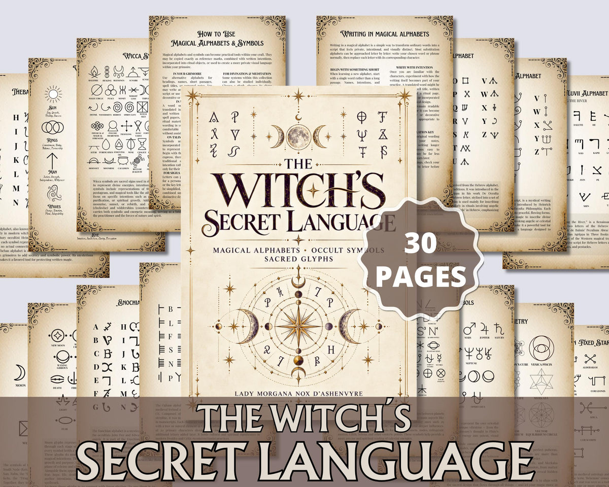Witchcraft Symbols Printable Grimoire Pages, Magical Alphabets & Occult Glyphs, Book of Shadows PDF