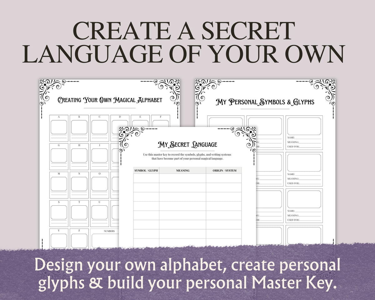 Witchcraft Symbols Printable Grimoire Pages, Magical Alphabets & Occult Glyphs, Book of Shadows PDF