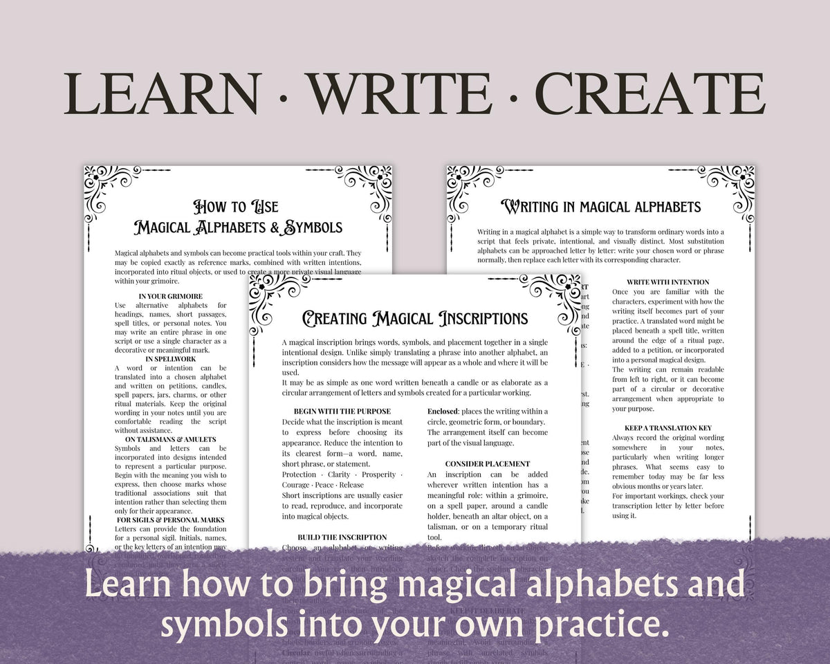 Witchcraft Symbols Printable Grimoire Pages, Magical Alphabets & Occult Glyphs, Book of Shadows PDF