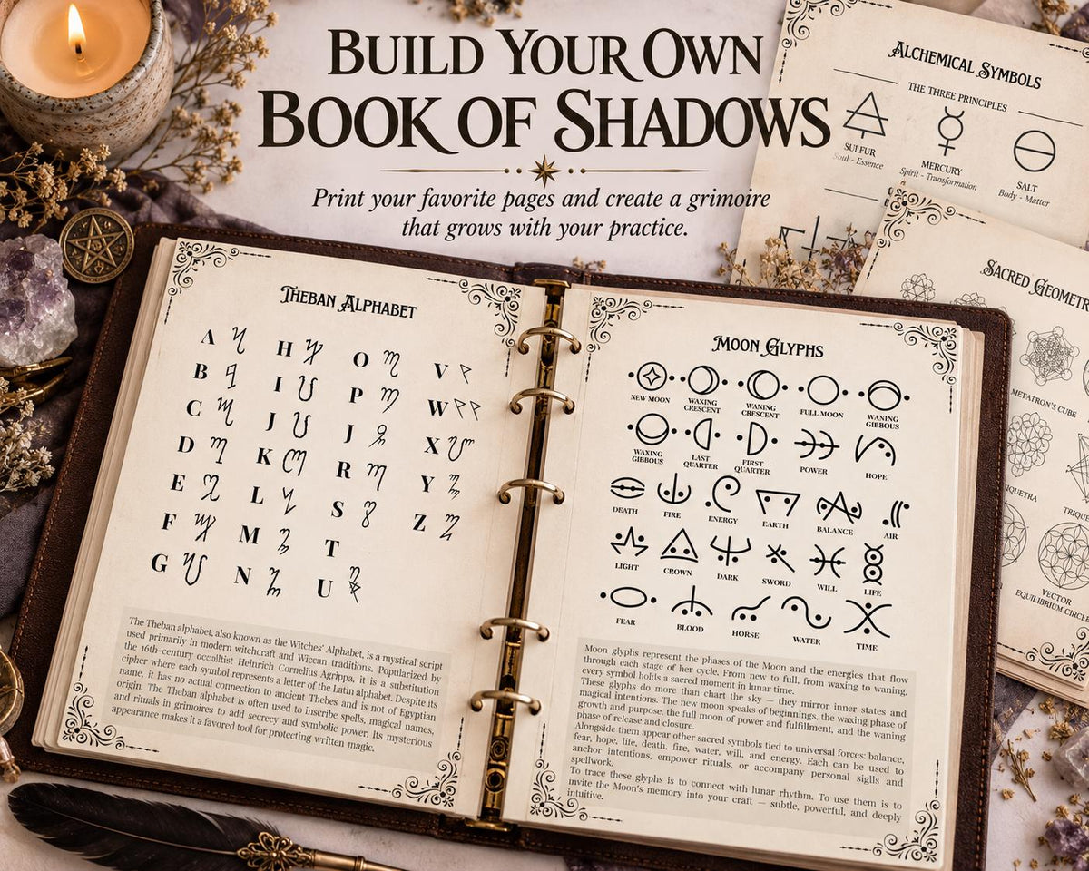 Witchcraft Symbols Printable Grimoire Pages, Magical Alphabets & Occult Glyphs, Book of Shadows PDF