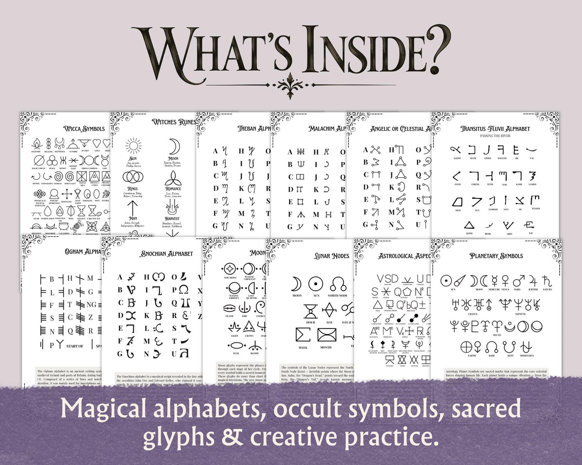 Witchcraft Symbols Printable Grimoire Pages, Magical Alphabets & Occult Glyphs, Book of Shadows PDF