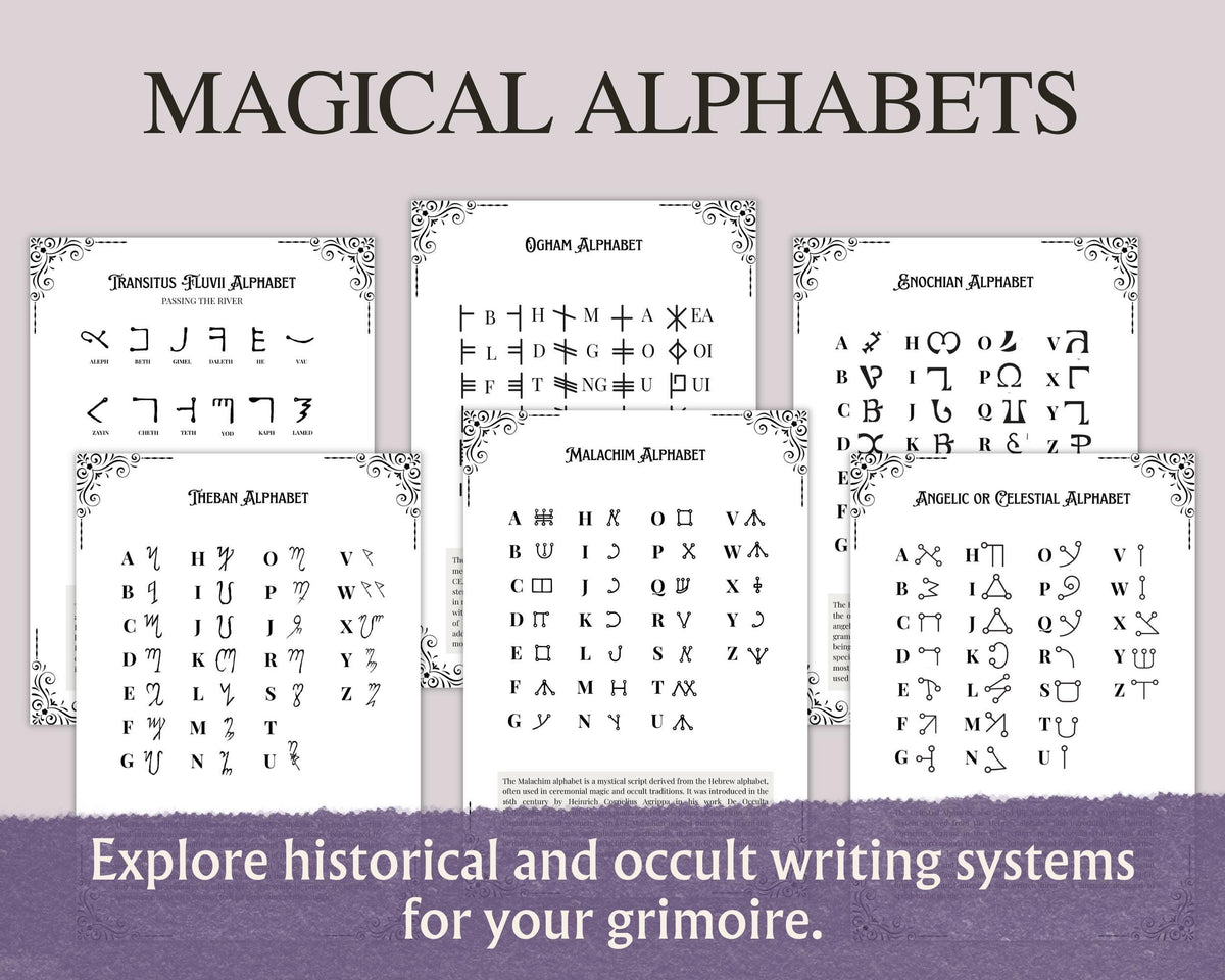 Witchcraft Symbols Printable Grimoire Pages, Magical Alphabets & Occult Glyphs, Book of Shadows PDF