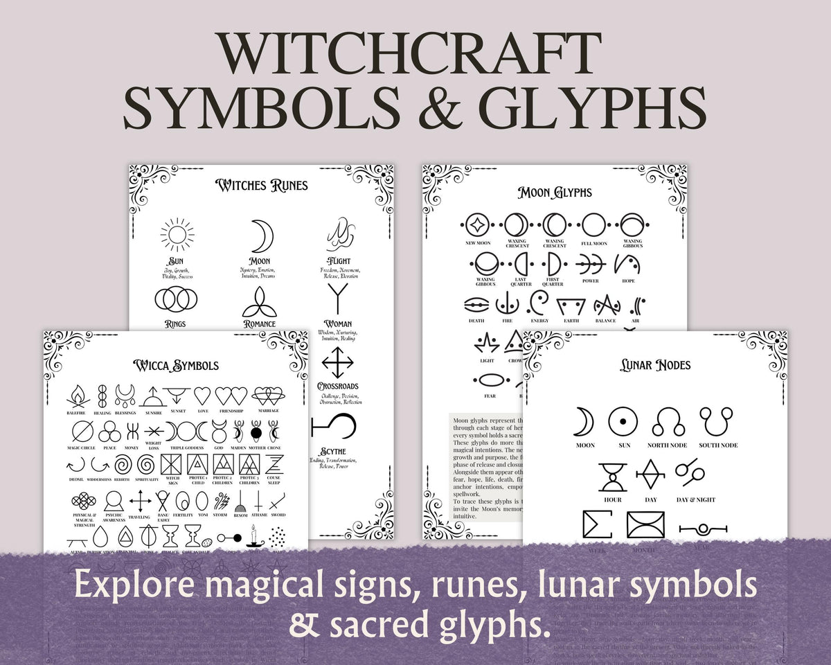 Witchcraft Symbols Printable Grimoire Pages, Magical Alphabets & Occult Glyphs, Book of Shadows PDF