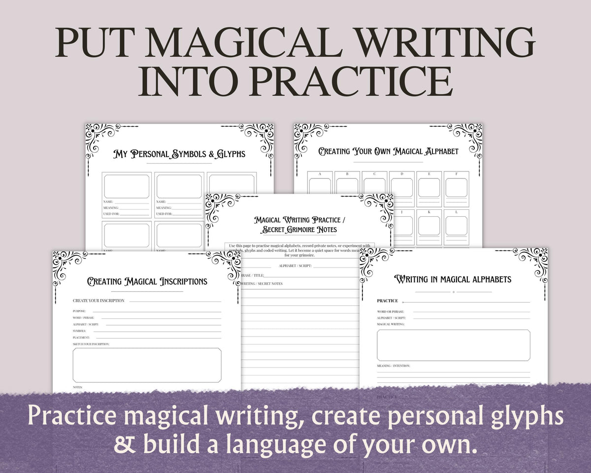 Witchcraft Symbols Printable Grimoire Pages, Magical Alphabets & Occult Glyphs, Book of Shadows PDF